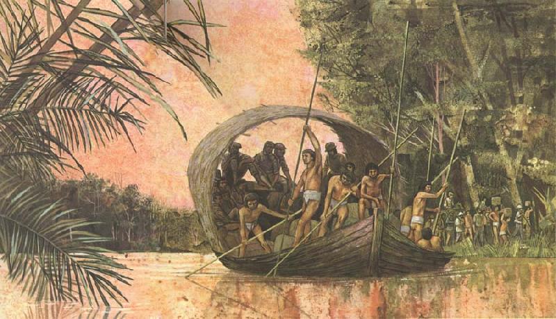 unknow artist In order to kunna attend to underline prompt pa its expedition tvars over Sydamerika barley Gonzalo and his husband a river in Amazon jungle oil painting picture